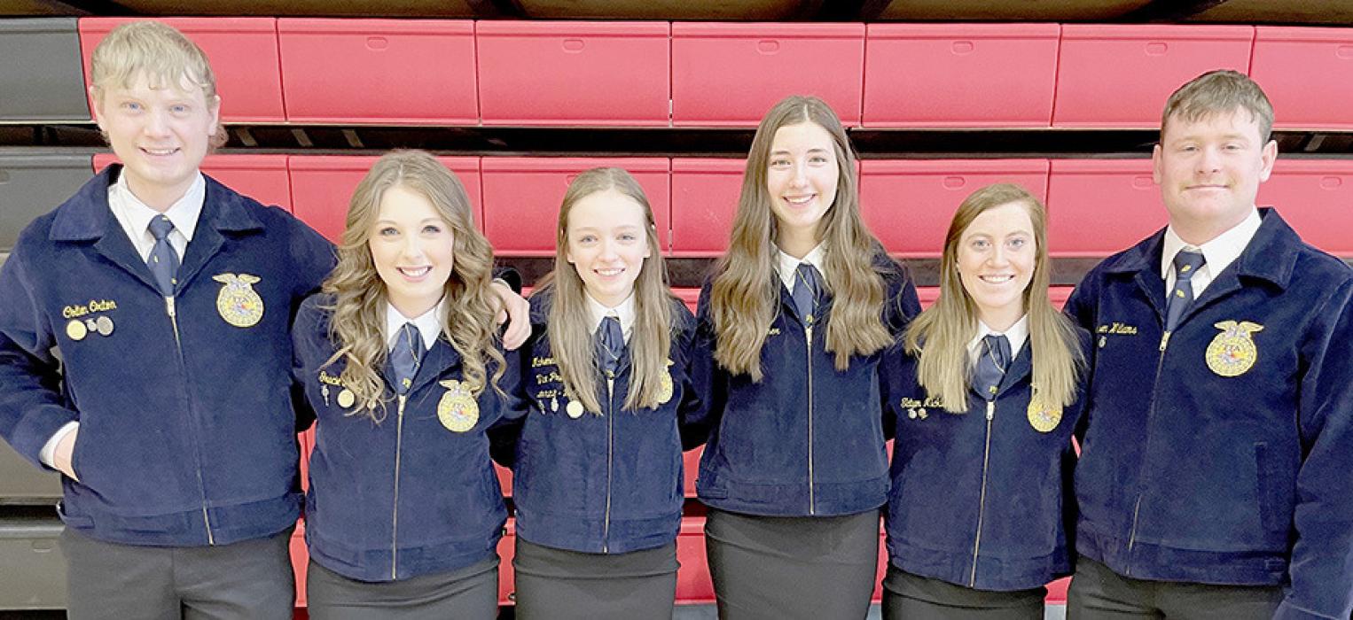 Ainsworth FFA members complete State FFA Degree applications and State Degree interviews. Congratulations to (left to right) Colten Orton, Gracie Petty, Makenna Pierce, Lauren Ortner, Tatum Nickless and Jensen Williams on being selected to receive their State FFA Degrees.