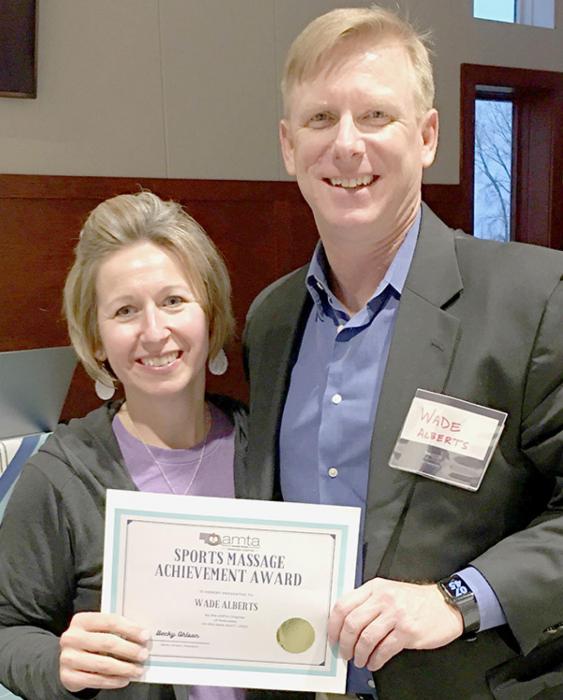 Ainsworth’s Wade Alberts, LMT (Right) was awarded the 2022 Sports Achievement Award from the Nebraska Chapter of the American Massage Therapy Association at its Annual State Convention on April 1st in Fremont. He is pictured with Becky Ohlson (Left) of the AMTA-NE.