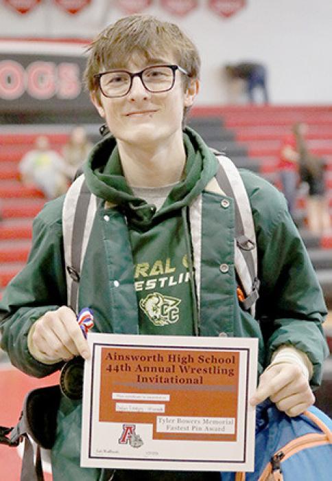 Dylan Lovejoy, 113 lbs. from Central City, received the Tyler Bowers Memorial Award for the fastest pin in 18 seconds.