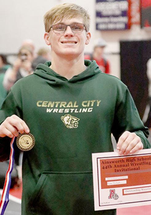 Tristan Burbach, 144 lbs. from Central City, received the Outstanding Wrestler Award at the Ainsworth Invitational.