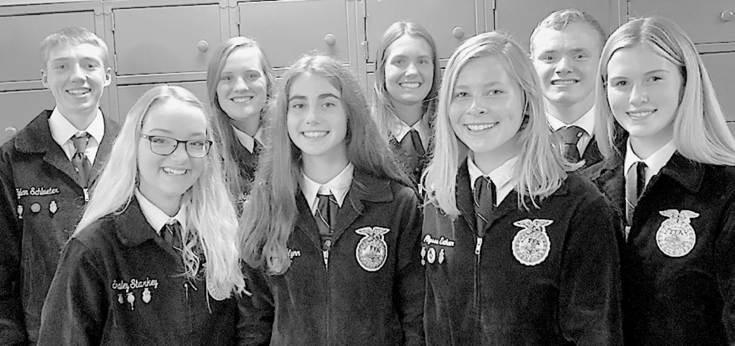 Elected to serve as the 2020-2021 Ainsworth FFA Chapter Officers were (Front Row - Left to Right): Jr. Advisor - Shaley Starkey, Parliamentarian - Maia Flynn, Reporter - Alyssa Erthum and Treasurer - Libby Smith; (Back Row - Left to Right): Sentinel - Ty Schlueter, President - Libby Wilkins, Secretary - Haley Schroedl and Vice President - Logan Hafer. Not pictured is Historian - CeeAnna Beel.